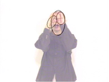 Tracking-Visualisierung: Ellipsen verfolgen Kopf und beide Hände einer Person vor hellem Hintergrund.