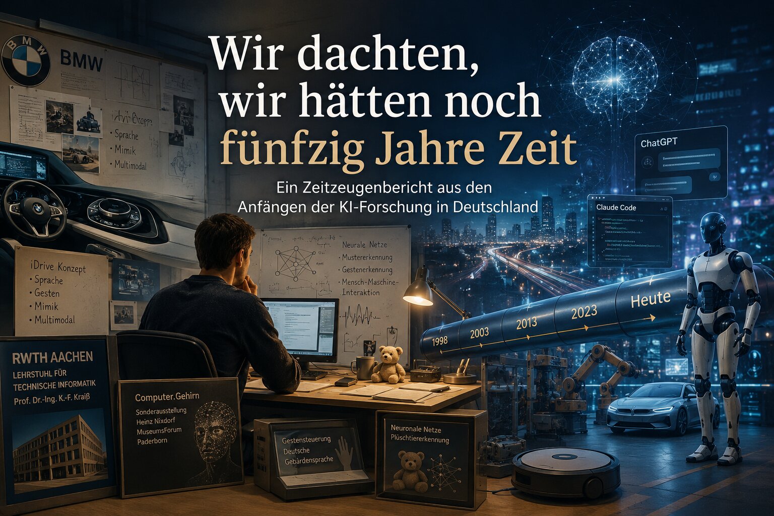 Collage zur Geschichte der KI-Forschung: RWTH Aachen, BMW iDrive, neuronale Netze, die Museumsausstellung Computer.Gehirn und eine Zeitachse von 1998 bis heute mit ChatGPT, Claude Code und einem humanoiden Roboter.