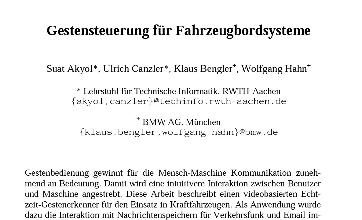 Titelseite der wissenschaftlichen Arbeit „Gestensteuerung für Fahrzeugbordsysteme“ mit den Autoren Suat Akyol, Ulrich Canzler, Klaus Bengler und Wolfgang Hahn.