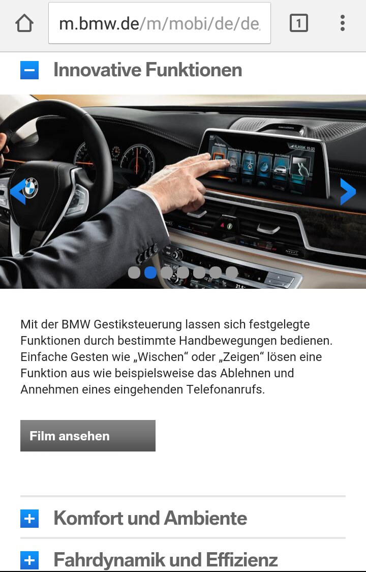 Screenshot der BMW-Webseite zur Gestensteuerung im Fahrzeug.