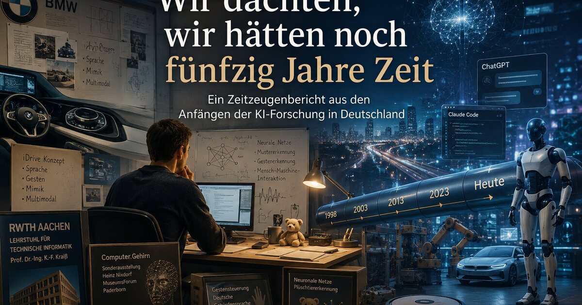 Collage zur Geschichte der KI-Forschung: RWTH Aachen, BMW iDrive, neuronale Netze, die Museumsausstellung Computer.Gehirn und eine Zeitachse von 1998 bis heute mit ChatGPT, Claude Code und einem humanoiden Roboter.