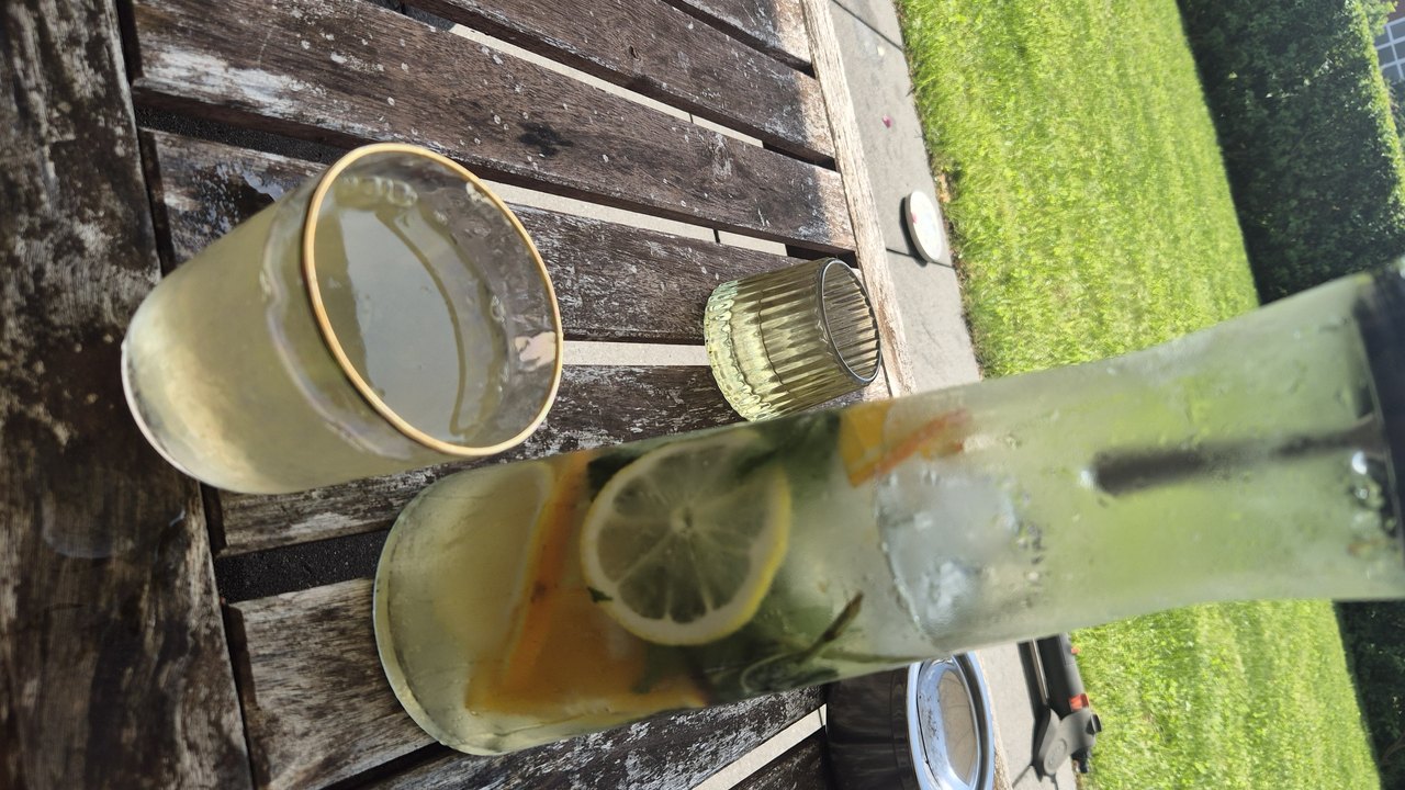 Selbstgemachte Limonade mit Zitronen- und Orangenscheiben und zwei Gläsern auf einem hölzernen Gartentisch, im Hintergrund eine Rasenfläche.