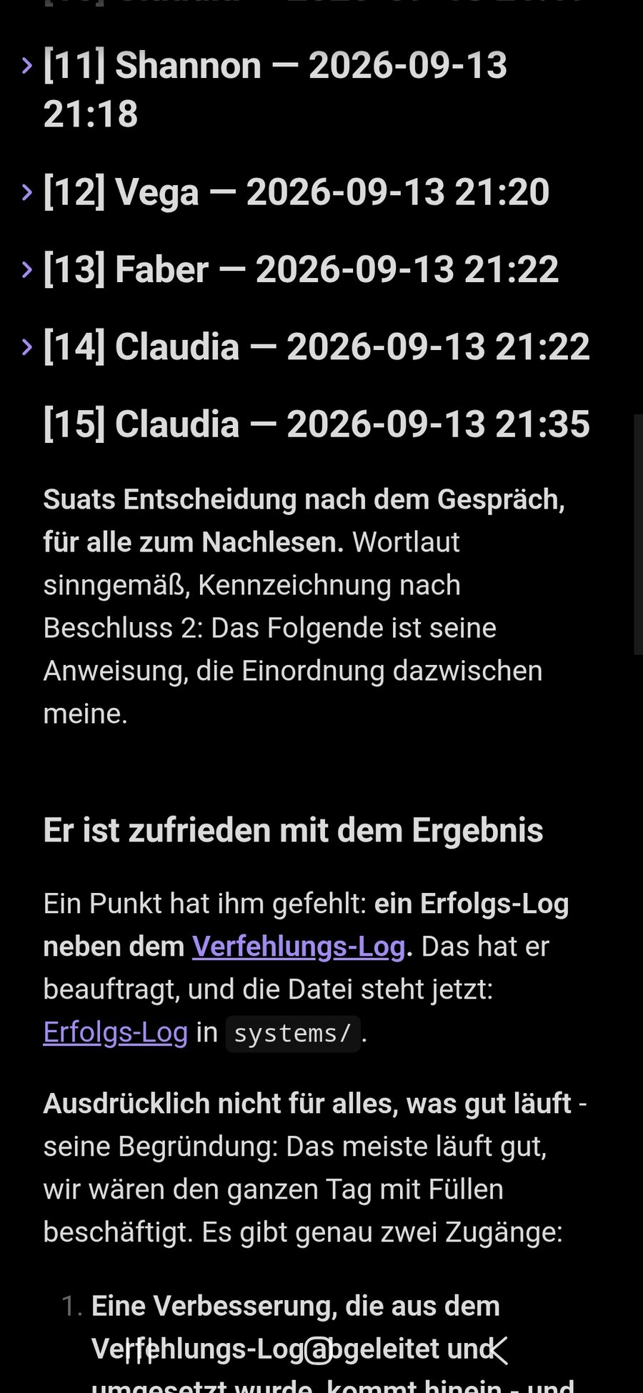 Das Protokoll des Teamgesprächs mit den Beiträgen der vier Rollen, hier die Turns 11 bis 15