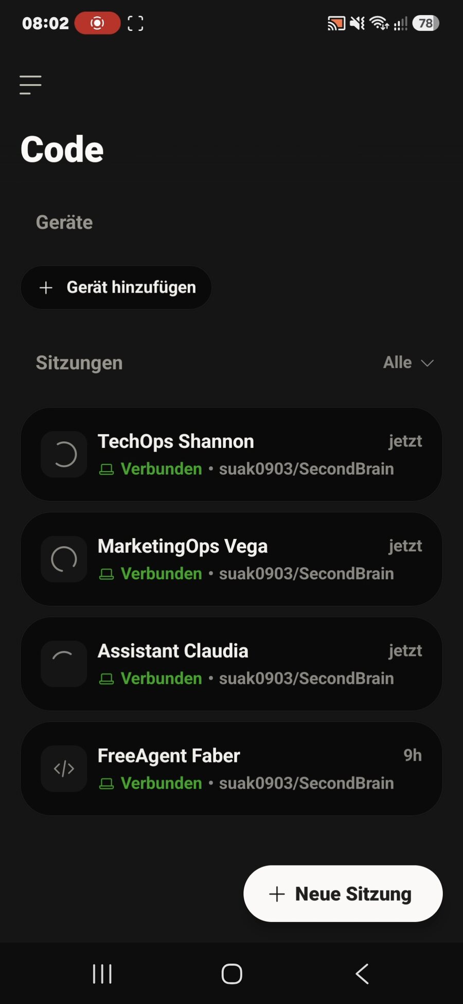 Die vier laufenden Sitzungen auf dem Mobilgerät: Tech Ops, Marketing Operations, Assistent und Freier Mitarbeiter