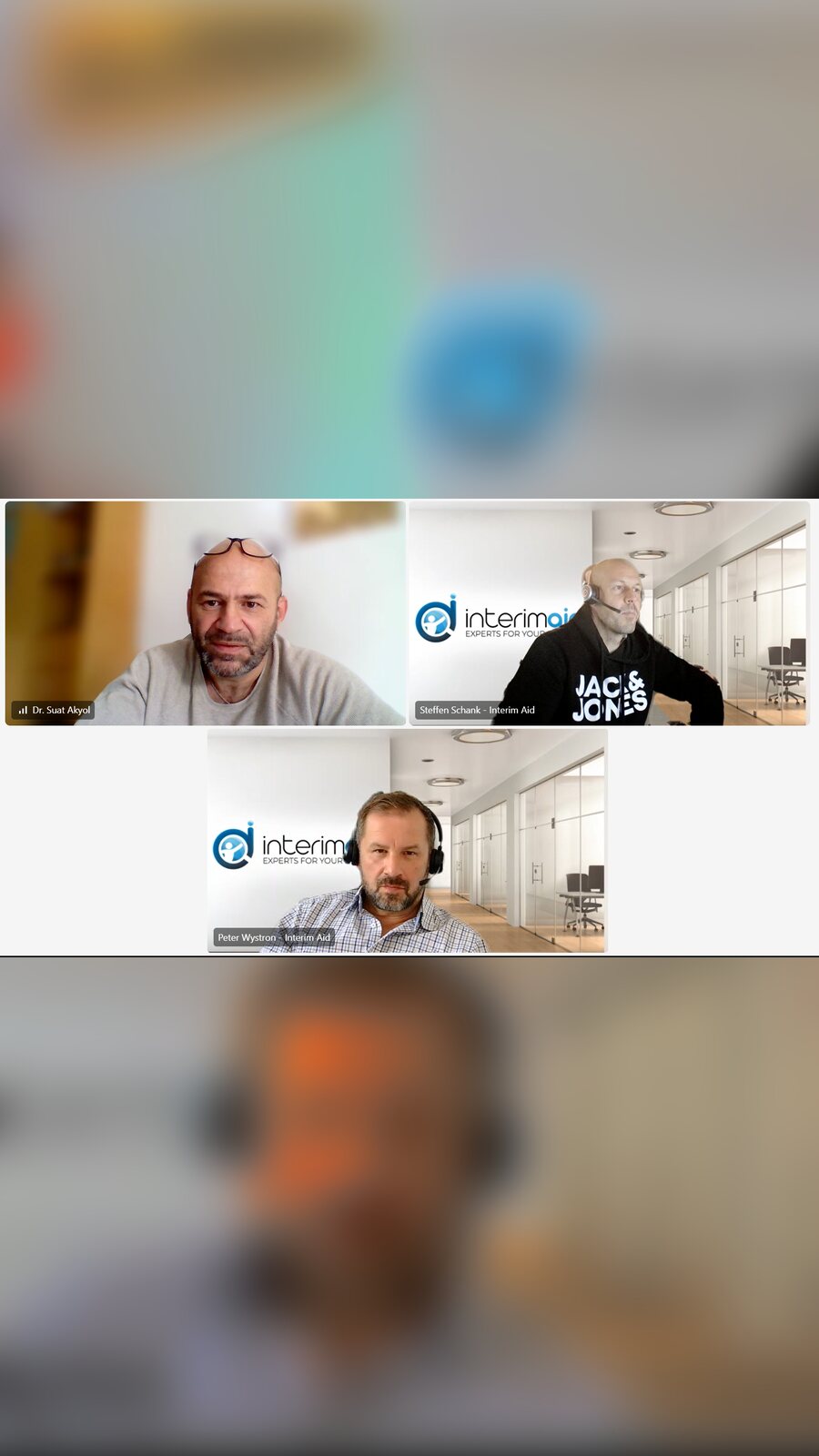 Bildschirmfoto einer Teams-Besprechung: Suat Akyol mit Steffen Schank und Peter Wystron von Interim Aid